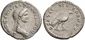 Domitia, wife of Domitianus. Denarius 81-84, AR 3.23 g. Draped bust r., hair falling in long plait behind neck. Rev. Peacock standing r. C 2. RIC Domi...