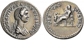 Domitia, wife of Domitianus. Denarius 82-83, AR 3.47 g. Draped bust r. Rev. Pietas seated l. holding sceptre in l. hand and extending her r. to child ...