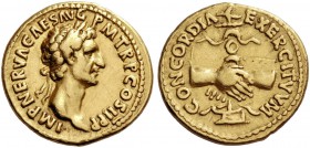 Nerva, 96 – 98. Aureus 96, AV 7.41 g. Laureate head r. Rev. Clasped hands holding legionary eagle set on prow l. C 24. RIC 3. Calicó 957.
Rare. A lov...