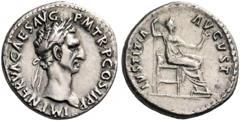 Nerva, 96 – 98. Denarius 96, AR 3.27 g. Laureate head r. Rev. Iustitia seated r....