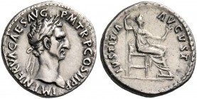 Nerva, 96 – 98. Denarius 96, AR 3.27 g. Laureate head r. Rev. Iustitia seated r. holding holding sceptre and branch. C 99. RIC 6.
Light iridescent to...
