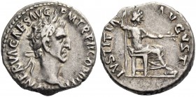 Nerva, 96 – 98. Denarius 97, AR 3.53 g. Laureate head r. Rev. Iustitia seated r. holding branch in l. hand and sceptre in r. C 103. RIC 30.
Light iri...