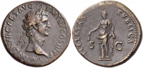 Nerva, 96 – 98. Sestertius 97, Æ 27.11 g. Laureate head r. Rev. Libertas standing l., holding pileus and sceptre. C 114. RIC 86.
A very appealing por...