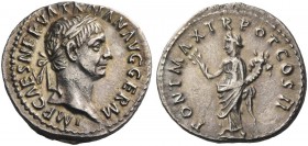 Trajan, 98 – 117. Denarius 98, AR 3.10 g. Laureate head r. Rev. Pax standing l. holding olive branch and cornucopiae. C 292. RIC 17.
Light iridescent...