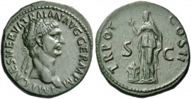 Trajan, 98 – 117. As 98, Æ 11.32 g. Laureate head r. Rev. Pietas, draped and veiled, standing facing, raising her r. hand over burning altar at her fe...