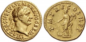 Trajan, 98 – 117. Aureus 98-99, AV 7.48 g. Laureate head r. Rev. Fortuna standing l. holding rudder on prow and cornucopiae. C 205. RIC 4.
Good very ...