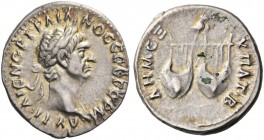 Trajan, 98 – 117. Drachm, Lycia 98-99, AR 3.31 g. Laureate head r. Rev. Two lyres surmounted by owl standing r. BMC 9. RPC 2676.
Light iridescent ton...