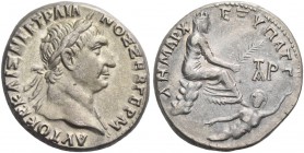 Trajan, 98 – 117. Cistophoric tetradrachm, Tarsus circa 100, AR 15.03 g. Laureate head r. Rev. Tyche, turreted and veiled, seated r. on rocks, holding...