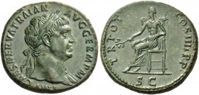 Trajan, 98 – 117. Sestertius 101-102, Æ 24.21 g. Laureate head r., slight drapery on l. shoulder. Rev. Pax seated l., holding branch and sceptre. C 63...