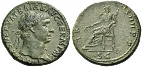 Trajan, 98 – 117. Sestertius 101-102, Æ 25,71 g. Laureate head r., slight drapery on l. shoulder. Rev. Pax seated l., holding branch and sceptre. C 63...