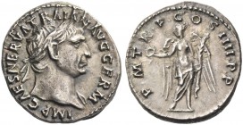 Trajan, 98 – 117. Denarius 102, AR 3.15 g. Laureate head r. Rev. Victory standing l., holding wreath and palm branch. C 240. RIC 58.
Light iridescent...