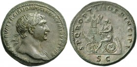 Trajan, 98 – 117. As 103-111, Æ 11.22 g. Laureate bust r., with drapery on l. shoulder. Rev. Dacia seated l., in attitude of mourning on shield and ar...