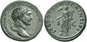Trajan, 98 – 117. Dupondius circa 104/5-107, Æ 13.27 g. Radiate bust r., with aegis. Rev. Pax standing l. with branch and cornucopiae, placing r. foot...