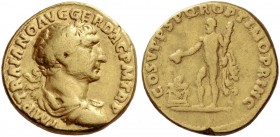 Trajan, 98 – 117. Aureus 107-108, AV 6.04 g. Laureate, draped and cuirassed bust r. Rev. Hercules standing l., holding club and lion’s skin; in l. fie...