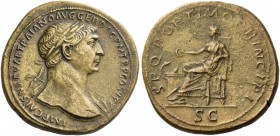 Trajan, 98 – 117. Sestertius 109-110, Æ 26.25 g. Laureate bust r., with drapery on l. shoulder. Rev. Salus seated l., feeding snake twined on altar. C...