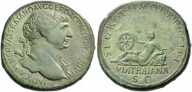Trajan, 98 – 117. Sestertius 112-114, Æ 27.05 g. Laureate bust r., with drapery on l. shoulder. Rev. Via Traiana reclining l., head r., holding wheel ...