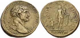 Trajan, 98 – 117. Sestertius 112-117, Æ 27.84 g. Laureate bust r., with drapery on l. shoulder. Rev. Abundantia advancing r., holding ear of corn and ...