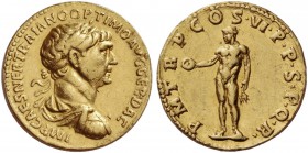 Trajan, 98 – 117. Aureus 114-116, AV 6.89 g. Laureate, draped and cuirassed bust r. Rev. Genius standing l., holding patera and ears of corn. C 275 va...