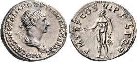 Trajan, 98 – 117. Denarius 114-116, AR 3.21 g. Laureate and draped bust r. Rev. Bonus Eventus standing facing, head l., holding patera and ears of cor...