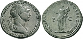 Trajan, 98 – 117. Sestertius 114-116, Æ 24.34 g. Laureate and draped bust r. Rev. Felicitas standing l., holding caduceus and cornucopiae. C 352. RIC ...