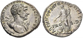 Trajan, 98 – 117. Denarius 114-117, AR 3.03 g. Laureate bust r., wearing aegis. Rev. Providentia standing l., holding sceptre and pointing globe. C 31...