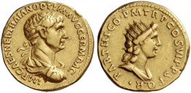 Trajan, 98 – 117. Aureus 116-117, AV 7.19 g. Laureate, draped and cuirassed bust r. Rev. Draped bust of Sol r. C 187 var. (GER). RIC 329. Calicó 1038....