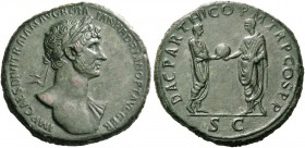 Hadrian, 117 – 138. Sestertius 117, Æ 23.64 g. Laureate bust r., with drapery on l. Shoulder. Rev. Trajan standing r., handing globe to Hadrian standi...