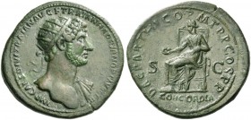 Hadrian, 117 – 138. Dupondius 117, Æ 12.19 g. Radiate bust r. with drapery on l. shoulder. Rev. Concordia seated l. holding patera and resting l. elbo...