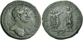 Hadrian, 117 – 138. Sestertius 119-121, Æ 28.96 g. Laureate bust r., with drapery on l. shoulder. Rev. Lictor standing l., holding fasces in l. hand a...