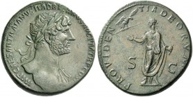 Hadrian, 117 – 138. Sestertius 119-121, Æ 24.41 g. Laureate bust r., with drapery on l. shoulder. Rev. Hadrian standing facing head l., receiving scep...