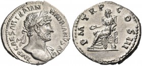 Hadrian, 117 – 138. Denarius 119-122, AR 2.91 g. Laureate bust r., drapery on l. shoulder. Rev. Salus seated l., feeding from patera a snake coiled ar...