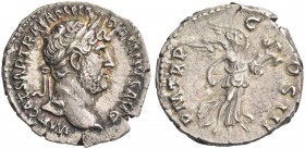Hadrian, 117 – 138. Denarius 119-122, AR 3.22 g. Laureate head r. Rev. Victory advancing r., holding trophy. C 1131. RIC 101.
Wonderful iridescent to...