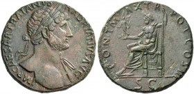 Hadrian, 117 – 138. Sestertius 119-122, Æ 23.93 g. Laureate bust r., with drapery on l. shoulder. Rev. Jupiter seated on throne l., holding Victory an...