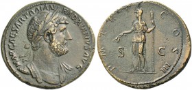 Hadrian, 117 – 138. Sestertius 121, Æ 23.88 g. Laureate and cuirassed bust r., with drapery on l. shoulder. Rev. Ceres standing l., holding two corn e...