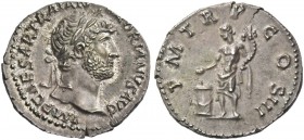Hadrian, 117 – 138. Denarius 122, AR 3.38 g. Laureate head r. Rev. Genius standing l., holding cornucopiae and patera over altar. C 1093. Mazzini 1093...