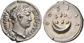 Hadrian, 117 – 138. Denarius 125-128, AR 3.21 g. Laureate bust r., with drapery on l. shoulder. Rev. Seven stars over crescent. C 465-466. RIC 202.
L...