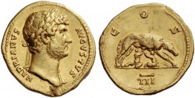 Hadrian, 117 – 138. Aureus 128, AV 7.30 g. Laureate bust r., with drapery on l. shoulder. Rev. She-wolf r., suckling twins. C 420. RIC 192. Calicó 123...