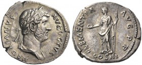 Hadrian, 117 – 138. Denarius 132-134, AR 2.82 g. Laureate and draped bust r. Rev. Clementia standing l., holding patera and sceptre. C 233. RIC 207.
...