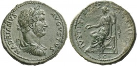 Hadrian, 117 – 138. Sestertius 132-134, Æ 25.56 g. Laureate, draped and cuirassed bust r. Rev. Iustitia seated l., holding patera and sceptre. C 885. ...
