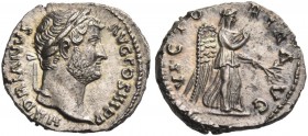 Hadrian, 117 – 138. Denarius 134-138, AR 3.10 g. Laureate head r. Rev. Victory standing right, drawing out fold of dress and holding branch. C 1455. R...