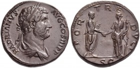 Hadrian, 117 – 138. Sestertius 134-138, Æ 28.21 g. Laureate and draped bust r. Rev. Hadrian, togate, standing l. clasping hands with Fortuna standing ...