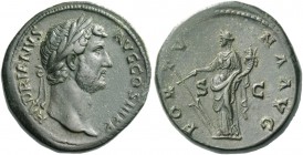Hadrian, 117 – 138. Sestertius 134-138, Æ 28.16 g. Laureate head r., with drapery on l. shoulder. Rev. Fortuna standing l., holding rudder and cornuco...
