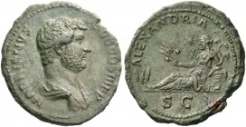 Hadrian, 117 – 138. As 134-138, Æ 11.44 g. Bareheaded and draped bust r. Rev. Alexandria reclining l., holding ears of corn and vine branch; in front ...