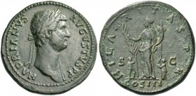 Hadrian, 117 – 138. Sestertius 138, Æ 26.45 g. Laureate bust r., with drapery on l. shoulder. Rev. Hilaritas standing l., holding long palm branch and...