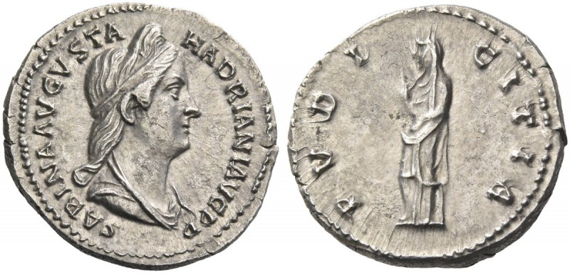 Sabina, wife of Hadrian. Denarius 128-137, AR 3.19 g. Draped bust r. Rev. Pudici...
