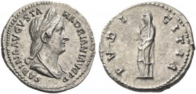 Sabina, wife of Hadrian. Denarius 128-137, AR 3.19 g. Draped bust r. Rev. Pudicitia, veiled, standing l., raising veil with r. hand. C 62. RIC Hadrian...