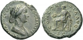 Sabina, wife of Hadrian. As 128-137, Æ 12.87 g. Diademed and draped bust r. Rev. Concordia seated l., holding patera in r. hand. C 22. RIC 1037.
Rare...