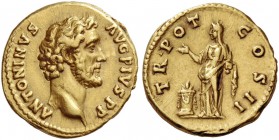 Antoninus Pius augustus, 138 – 161. Aureus 139, AV 7.08 g. Bare head r. Rev. Pietas, veiled, standing l. holding incense box over garlanded and lighte...