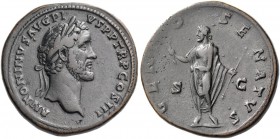 Antoninus Pius augustus, 138 – 161. Sestertius 140-144, Æ 27.96 g. Laureate head r. Rev. The Genius of the Senate standing l., holding branch and scep...
