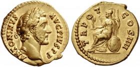 Antoninus Pius augustus, 138 – 161. Aureus 145-161, AV 7.45 g. Laureate head r. Rev. Roma seated l. on a shield, holding Victory and spear. C 934. RIC...